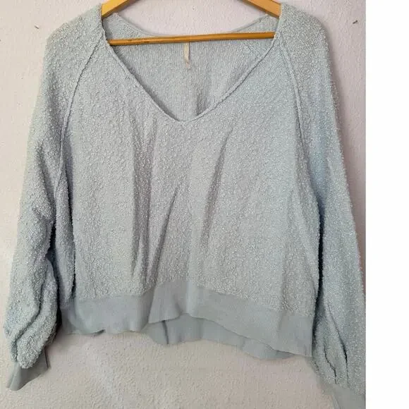 Free People Sweater Found My Friend Light Blue Textured Pullover Cozy Womens L - Picture 1 of 8